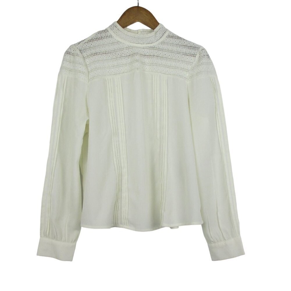 ECI New York Blouse White Lace High Neck Size L Peasant Victorian Demure